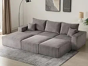 Sectional Cloud Boneless Sofa Bed Couches for Living Room-113'' Beige 3 Seater Modern Lounge Sleeper Couch-No Assembly-Modular C
