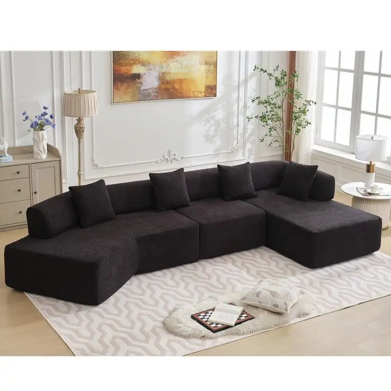 Modern Minimalist Sectional Sofa: L-Shape Cloud Couch with Deep Seats Right Chaise - Black