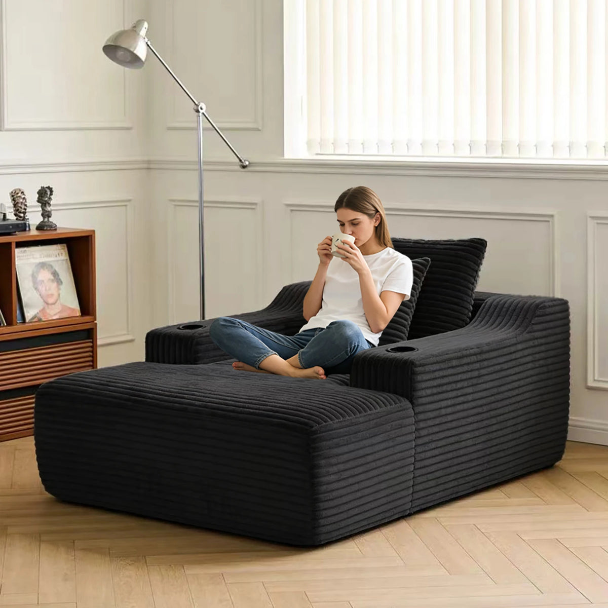 67 Inch Chaise Lounge Chair Indoor, Oversized Corduroy Upholstered Boneless Sofa Bed, Cloud Sofas Couches for Living Room