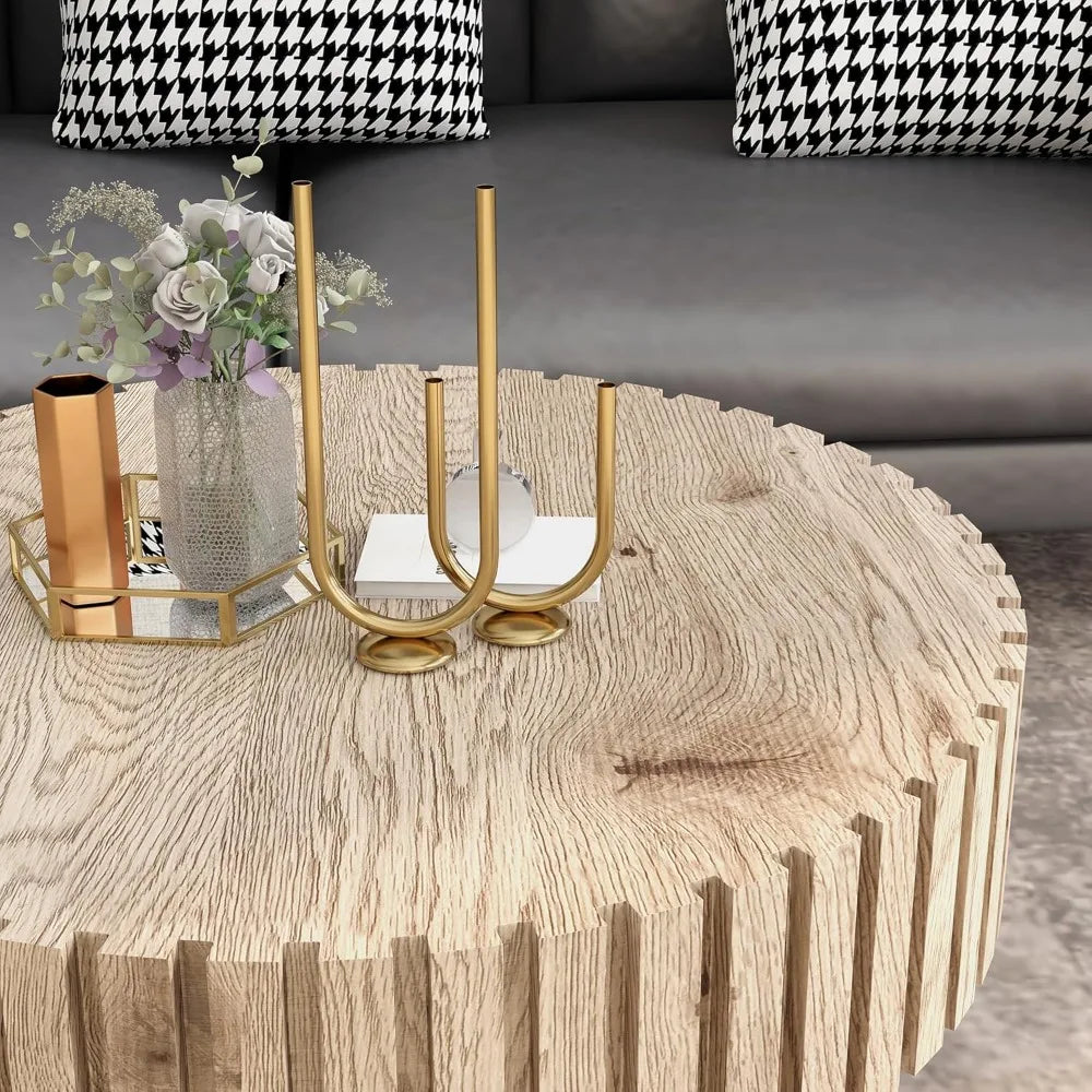 Round Wood Coffee Table for Living Room Modern Rustic Fluted Solid Wood Coffee Table Pedestal Center Table Circle Tea Tables