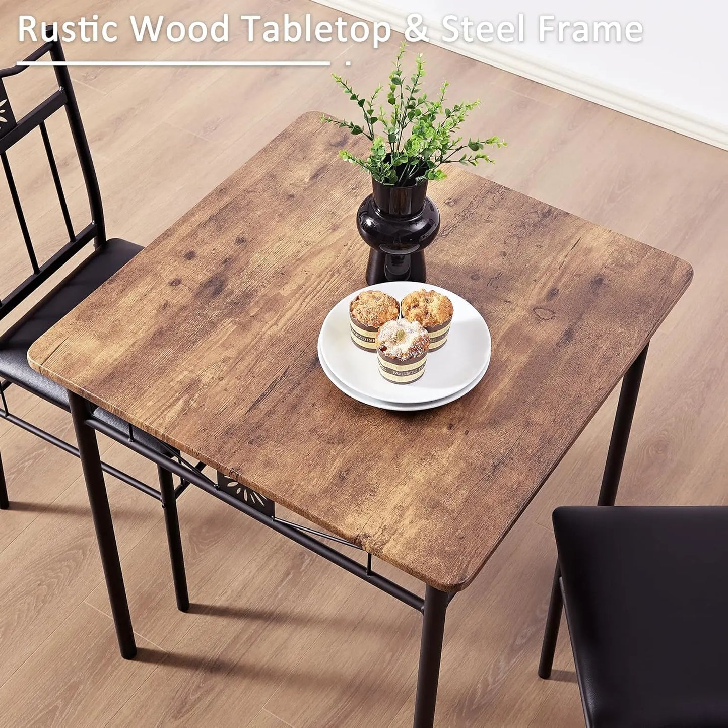 Compact 3-Piece Dining Table Set for Two with PU Padded Chairs, Retro Brown - Space-Saving Kitchen Furniture