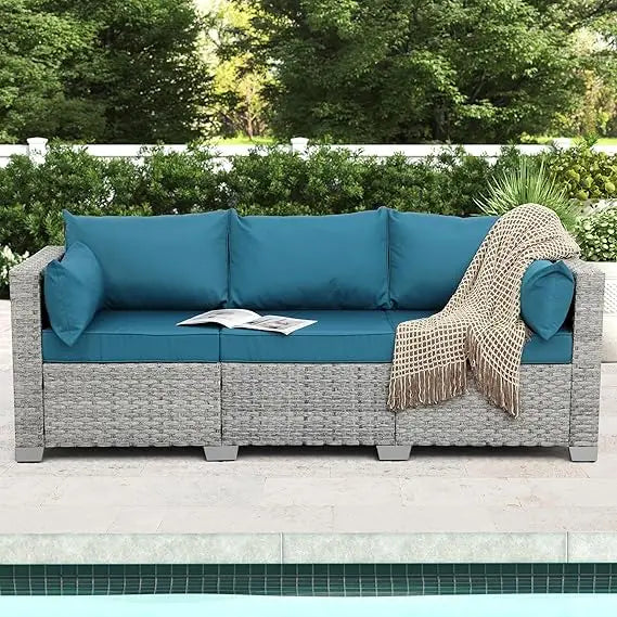 Outdoor Couch 3 Seater Wicker Patio Sofa Grey Rattan Deep Seat Balcony Furniture Porch Seating with Peacock Blue Cushion