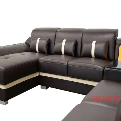 Minimalist Leather Sectional Sofa Set with Storage, Glass Coffee Table & TV Stand for Living Room