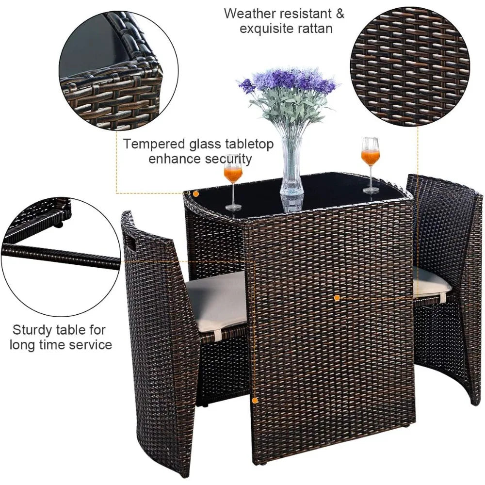 3 PCS Cushioned Outdoor Wicker Patio Set Convention Bistro Set Garden Lawn Space Saving Conversation Sofa Furniture