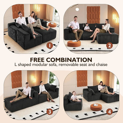 Modern Minimalist Sectional Sofa: L-Shape Cloud Couch with Deep Seats Right Chaise - Black