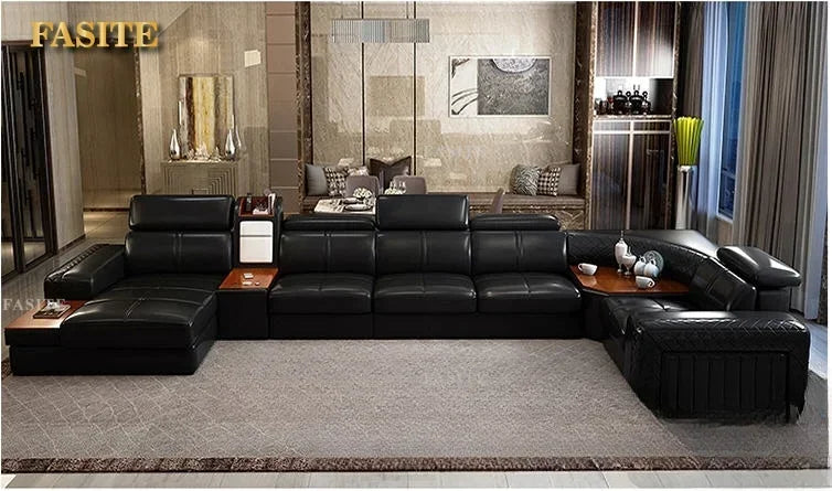 Italian Leather Couch With Heating Seat Cold Fridge Genuine Leather Sofa With Headrests USB, Stools And Storage Easy to clean
