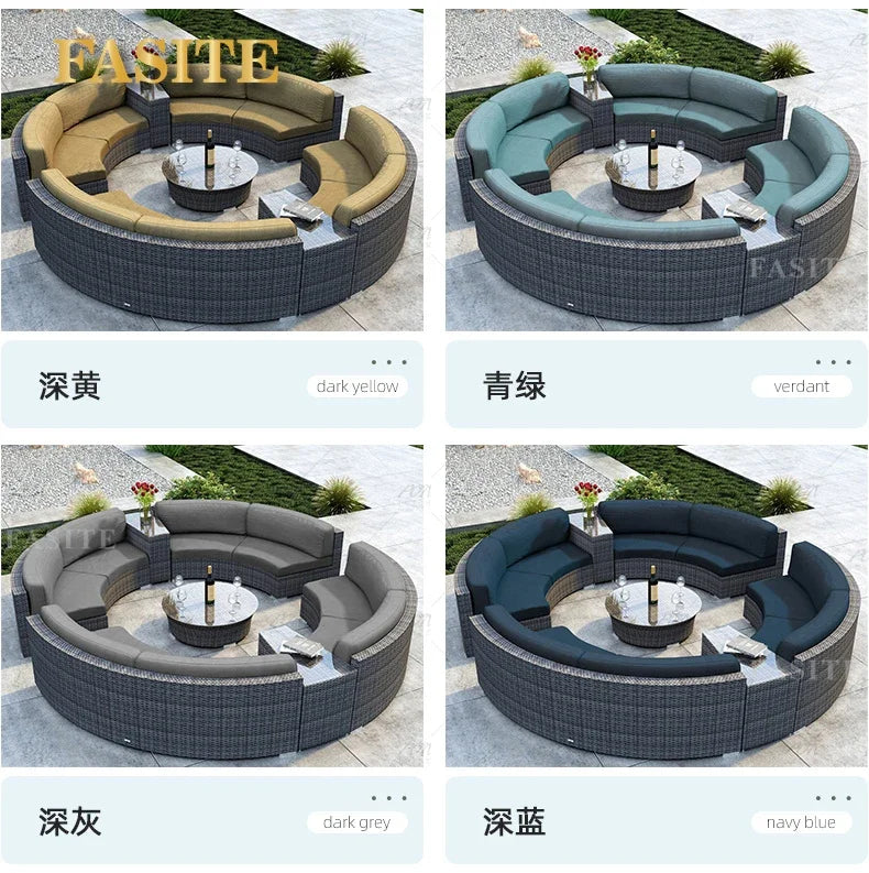 Sofa, courtyard, garden, leisure, outdoor living room, semi circular curved rattan chair, terrace, outdoor furniture combination