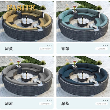 Sofa, courtyard, garden, leisure, outdoor living room, semi circular curved rattan chair, terrace, outdoor furniture combination