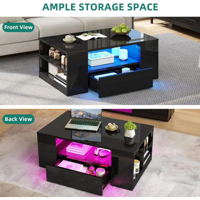 Contemporary LED Coffee Table with High Gloss Finish, Storage Drawers and Open Shelves for Living Room in Black Medium Size