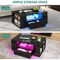 Contemporary LED Coffee Table with High Gloss Finish, Storage Drawers and Open Shelves for Living Room in Black Medium Size