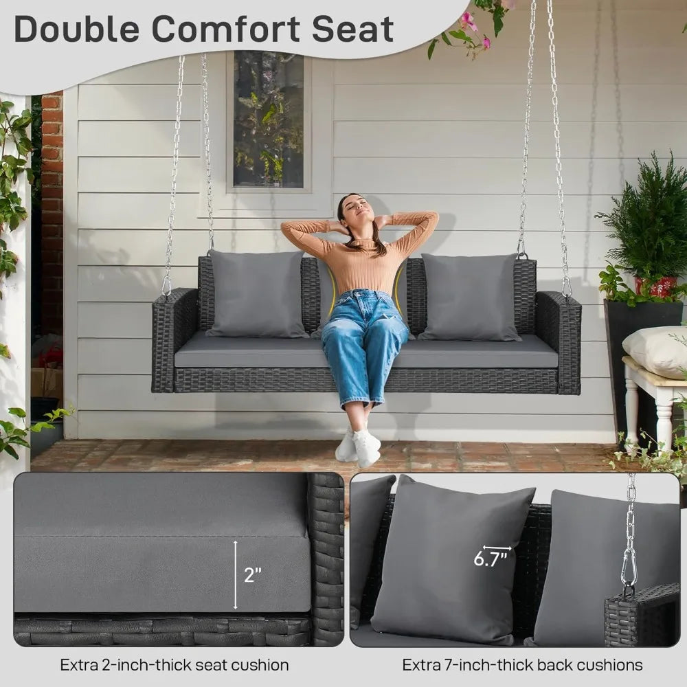 5FT Wicker Outdoor Porch Swing for Adults, 3-Person Patio Swing with Cushion, Pillows, and Chains