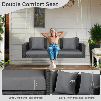 5FT Wicker Outdoor Porch Swing for Adults, 3-Person Patio Swing with Cushion, Pillows, and Chains