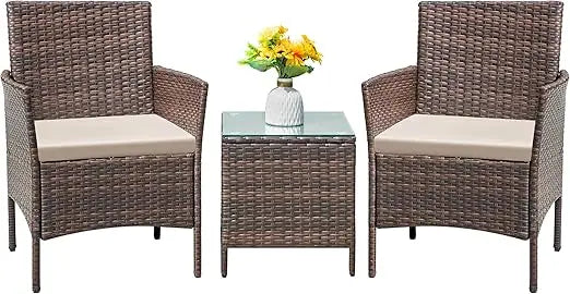 all-weather 3-piece rattan patio furniture set with tempered glass table for outdoor bistro and balcony
