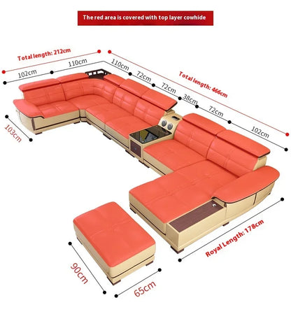 Modern Italian Genuine Leather Sofa for Living Room with Cup Holder, USB, Adjustable Headrests & Bluetooth Speaker - Linlamlim