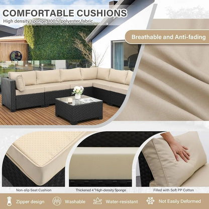 7-Piece Outdoor PE Wicker Furniture Set: Black Rattan Patio Sectional Sofa with Washable Khaki Cushions