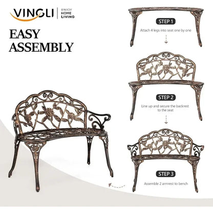 For 38.5" Patio Park Garden Outdoor Metal Rose Bench,Cast Iron Cast Aluminium Frame Antique Finish Chair Deck Furniture