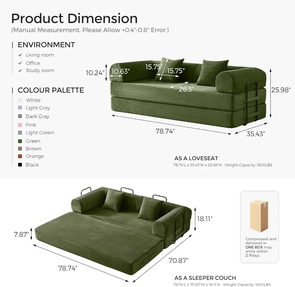 79" Convertible Sofa Bed with Removable Armrests, Modular Corduroy Sleeper for Small Spaces - Green (Includes Pillows)
