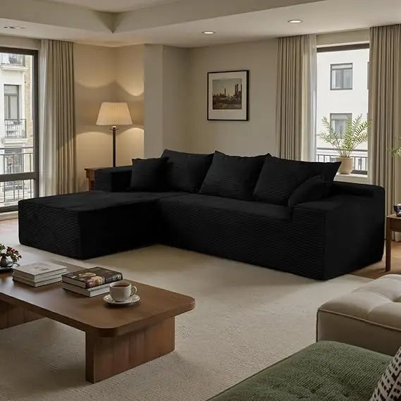 Black Sectional Couches for Living Room, Boneless Couch with L-Shape Chaise, Modular Sofa in Box with Deep Seat, No Assembly Req