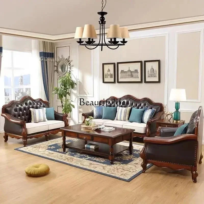4*American all-solid wood leather sofa European double triple retro modern simple