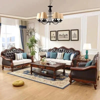 4*American all-solid wood leather sofa European double triple retro modern simple
