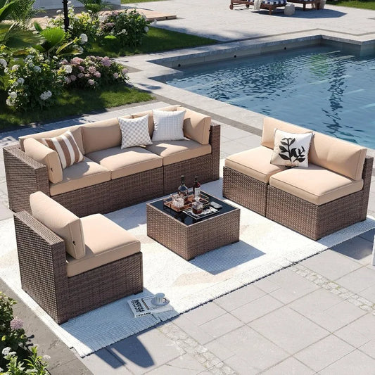 Patio Furniture Sets, 7-Piece Outdoor Patio Furniture with Thick Cushions, Wicker Outdoor Conversation Set Sectional Sofa