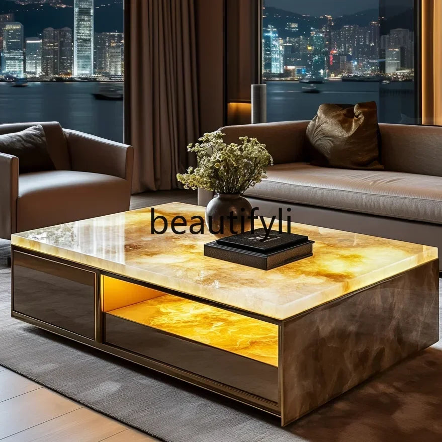 11Customized square modern luminous jade coffee table living room design large flat luxury stone villa marble home