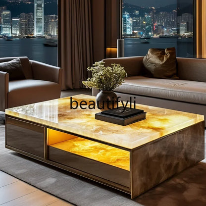 11Customized square modern luminous jade coffee table living room design large flat luxury stone villa marble home
