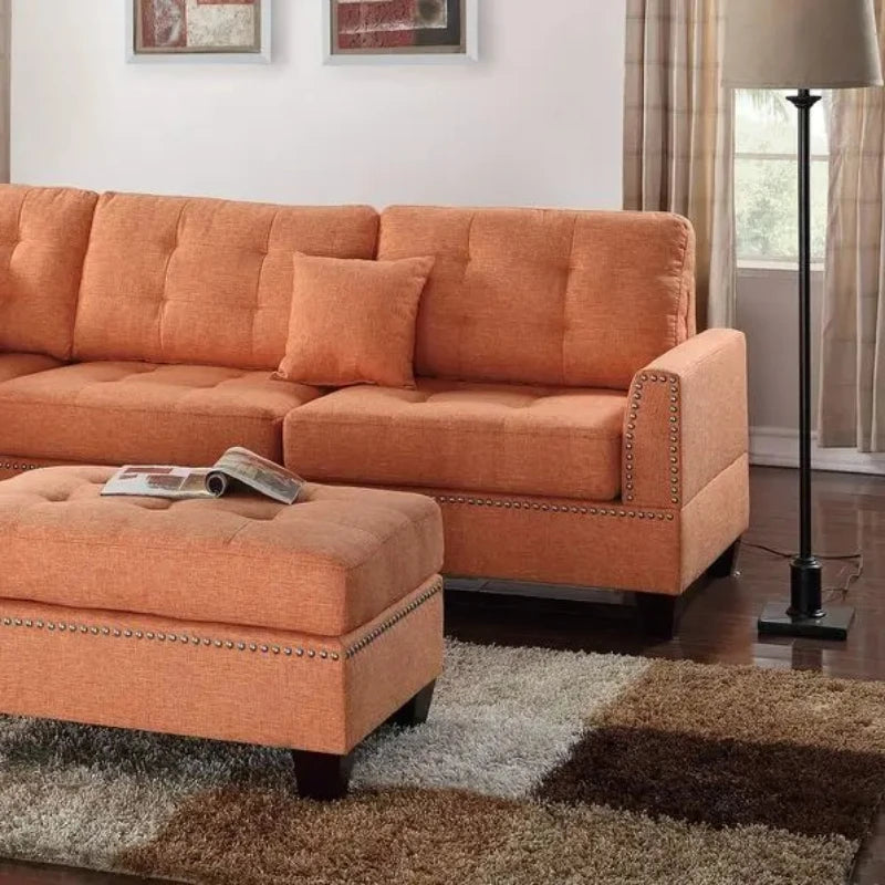 3pcs Modern Citrus Sectional Couch Sofa Leather Reversible Ottoman Chaise Linen Tufted Polyfiber Adhd Armchairs Bean Bag Bed
