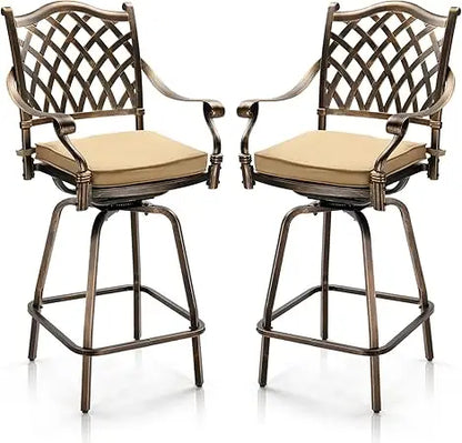 Outdoor Swivel Bar Stools Set of 2, Cast Aluminum All-Weather Patio Bar Height Chairs, Patio Bar Dining Chairs Outdoor Swivel P