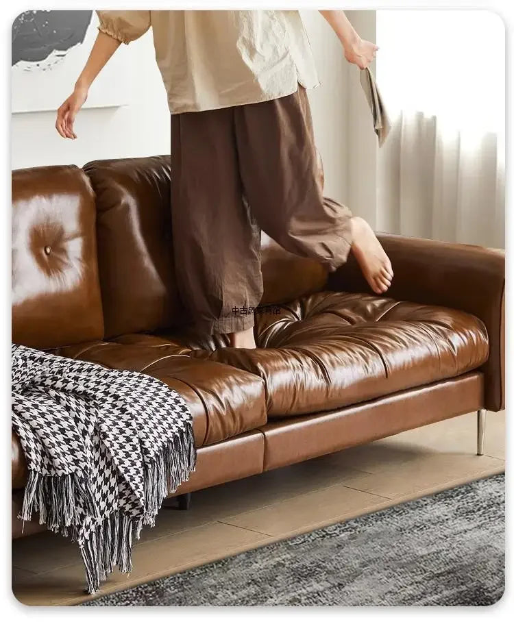 Medieval oil wax leather creative sofa living room retro old caramel color large straight row sofa