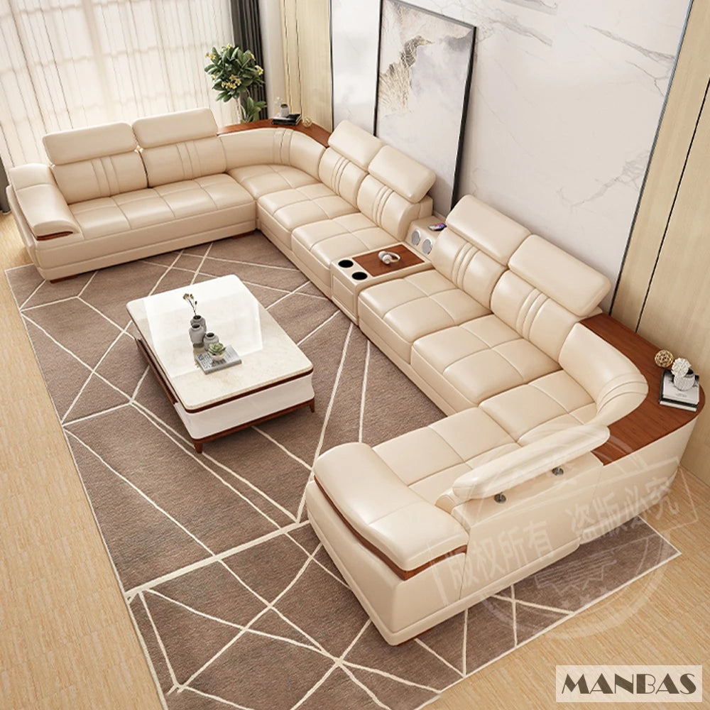 Elegant Leather Sectional Sofas Sets with Cup Holder, Adjustable Headrests & Bluetooth Speaker - MINGDIBAO Living Room Couches