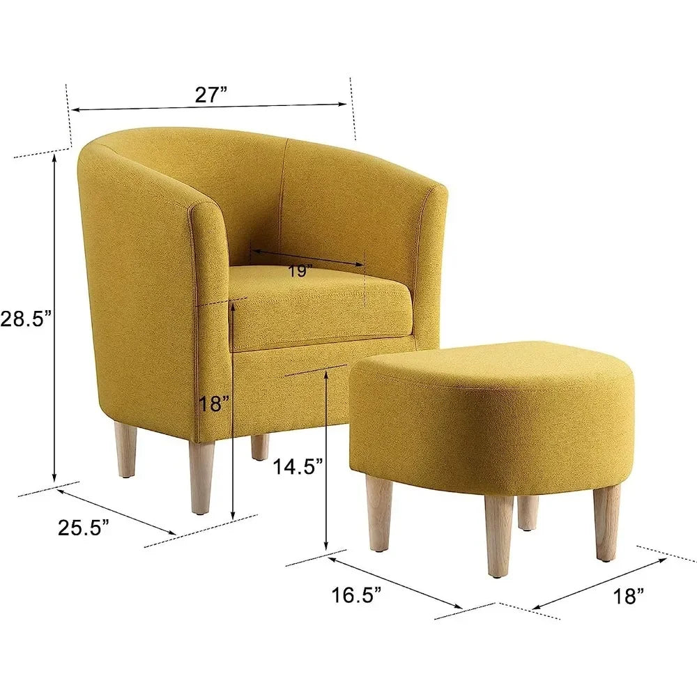 Accent Chair Set of 2, Upholstered Arm Chair Linen Fabric Single Sofa Chair with Ottoman Foot Rest Mustard Comfy Armchair