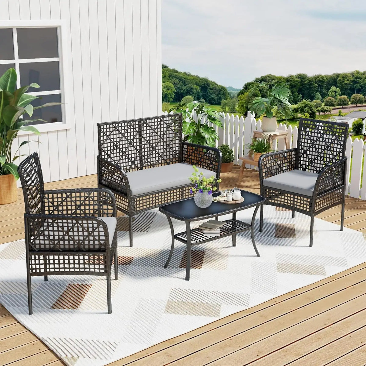 Bistro 3 Piece Patio Furniture Set, Patio Table and Rattan Outdoor Rocking Chairs Set of 2, Outdoor Bistro Conversation Set for