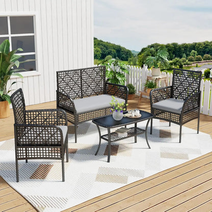 4-Piece Patio Furniture Set, Weather-Resistant Rattan Patio Conversation Set with Two-Tier Coffee Table, Upholstered Openwork Wi