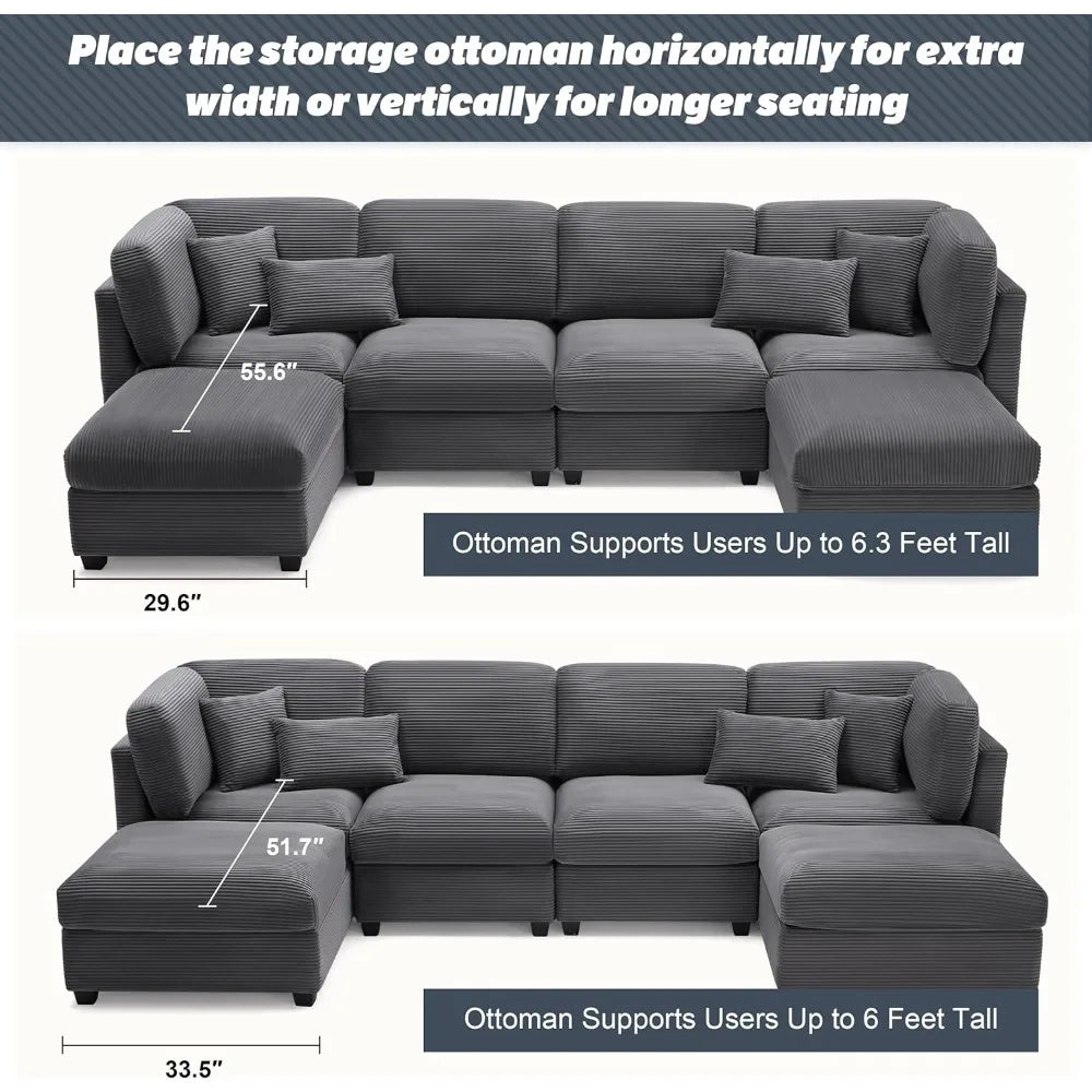 "large 125 inch u-shaped corduroy modular sofa with storage and 6 convertible seats"