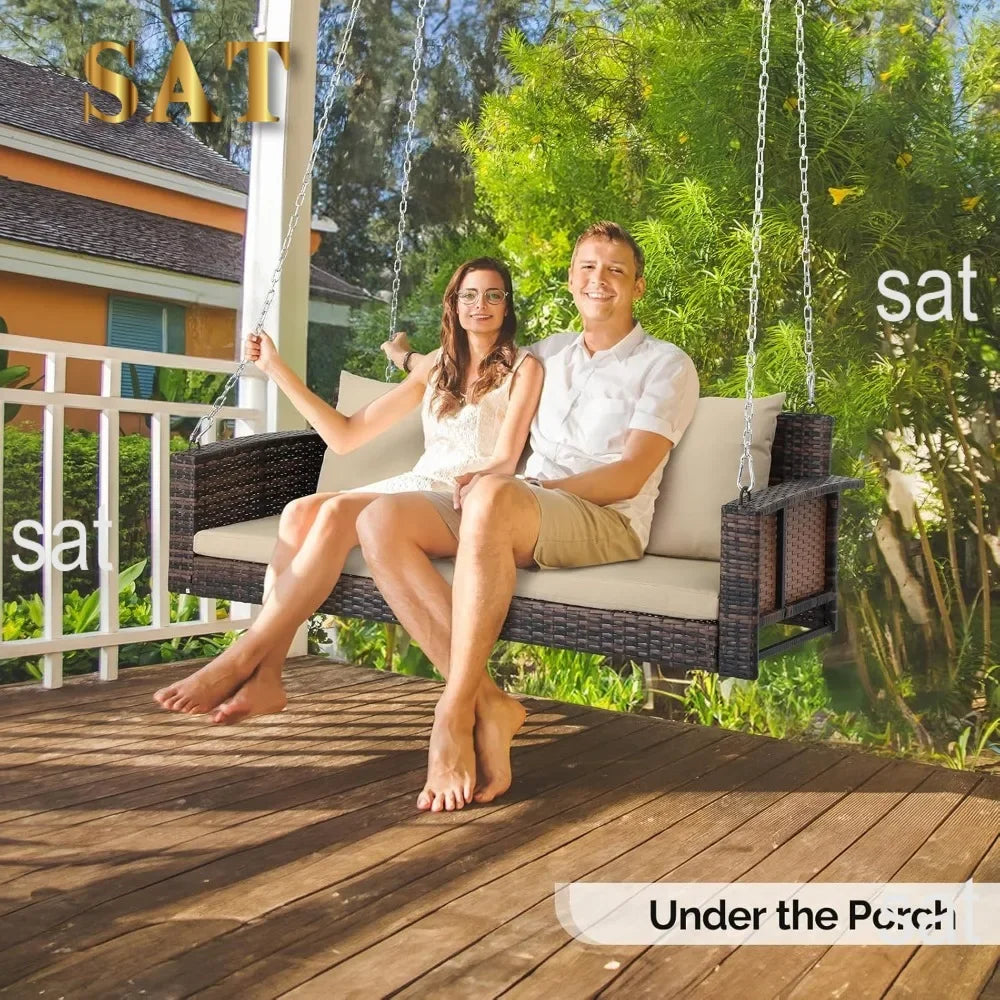 #For Heavy Duty 800 LBS Wicker Hanging Porch Swing with Cushions & Chains,  Outdoor Rattan Swing Bench for Garden, Yard&