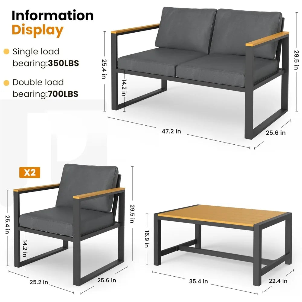 4 pieces outdoor patio furniture set, modern metal balcony furniture with plastic-wood coffee table, all-weather patio conversa