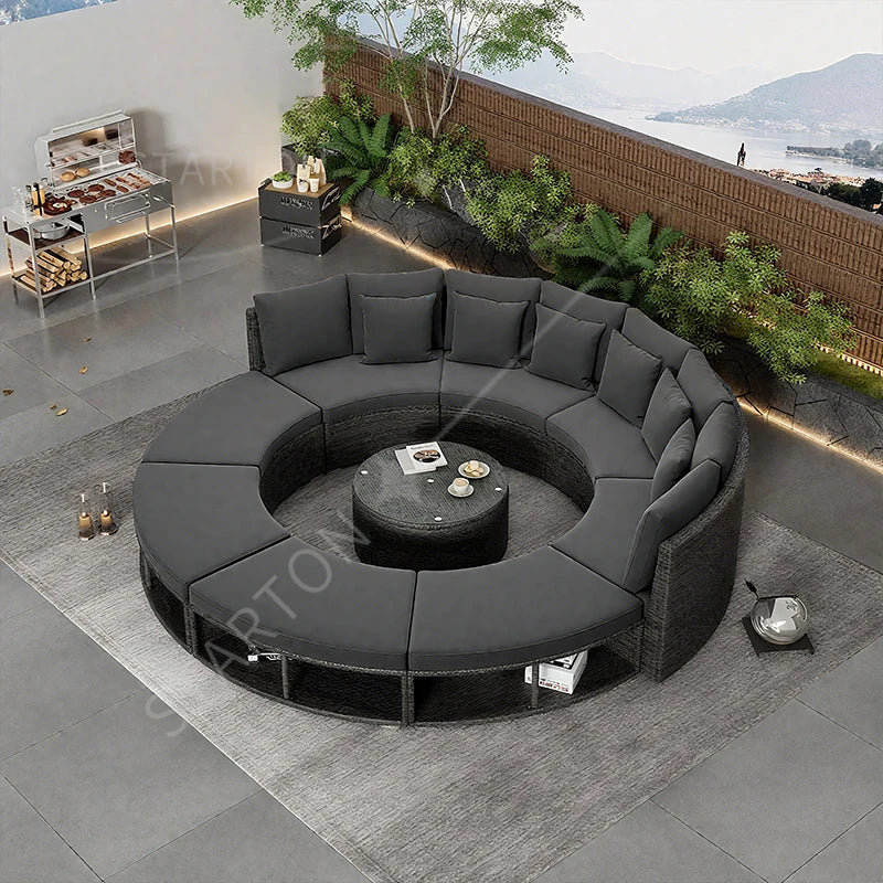 Outdoor Round Rattan Sofa Set Stay Garden Courtyard Curved Rattan Sofa Sectional for Home Outdoor Furniture Modern Patio Set