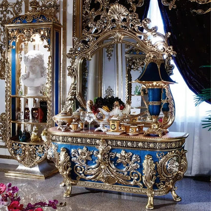 French Royal Baroque Dining Set — Hand-Carved Solid Wood Table with Upholstered Chairs, Luxury Gold for Villa/Hotel