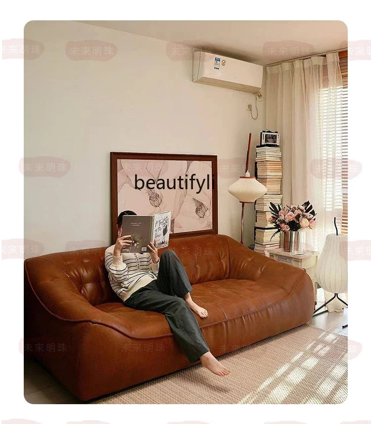 Oil Wax Leather French Retro Small Apartment Straight Row Leather Sofa Living Room Sofa