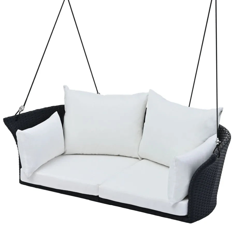 GO 51.9 2Person Hanging Seat Rattan Woven Swing Chair Porch Swing With Ropes Black Wicker And White Cushion