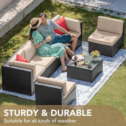 7 Pieces Outdoor Sectional Sofa Patio Furniture Sets Manual Weaving Rattan Patio Conversation Sets with Cushion and Glas