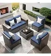 QAZ8-7 Piece Patio Furniture Set Fire Pit Table. Outdoor Conversation Sets Wicker Rattan Sectional Sofa with Coffee TSZ
