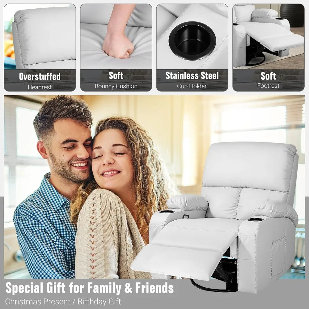 Swivel Rocker Recliner Chair with Massage Heat USB Charging Grey