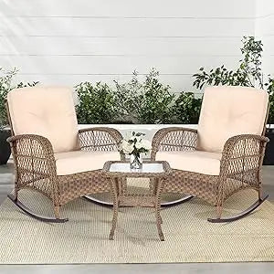 Outdoor Wicker Rocking Chair Trio with Cushions and Glass Coffee Table Patio Set