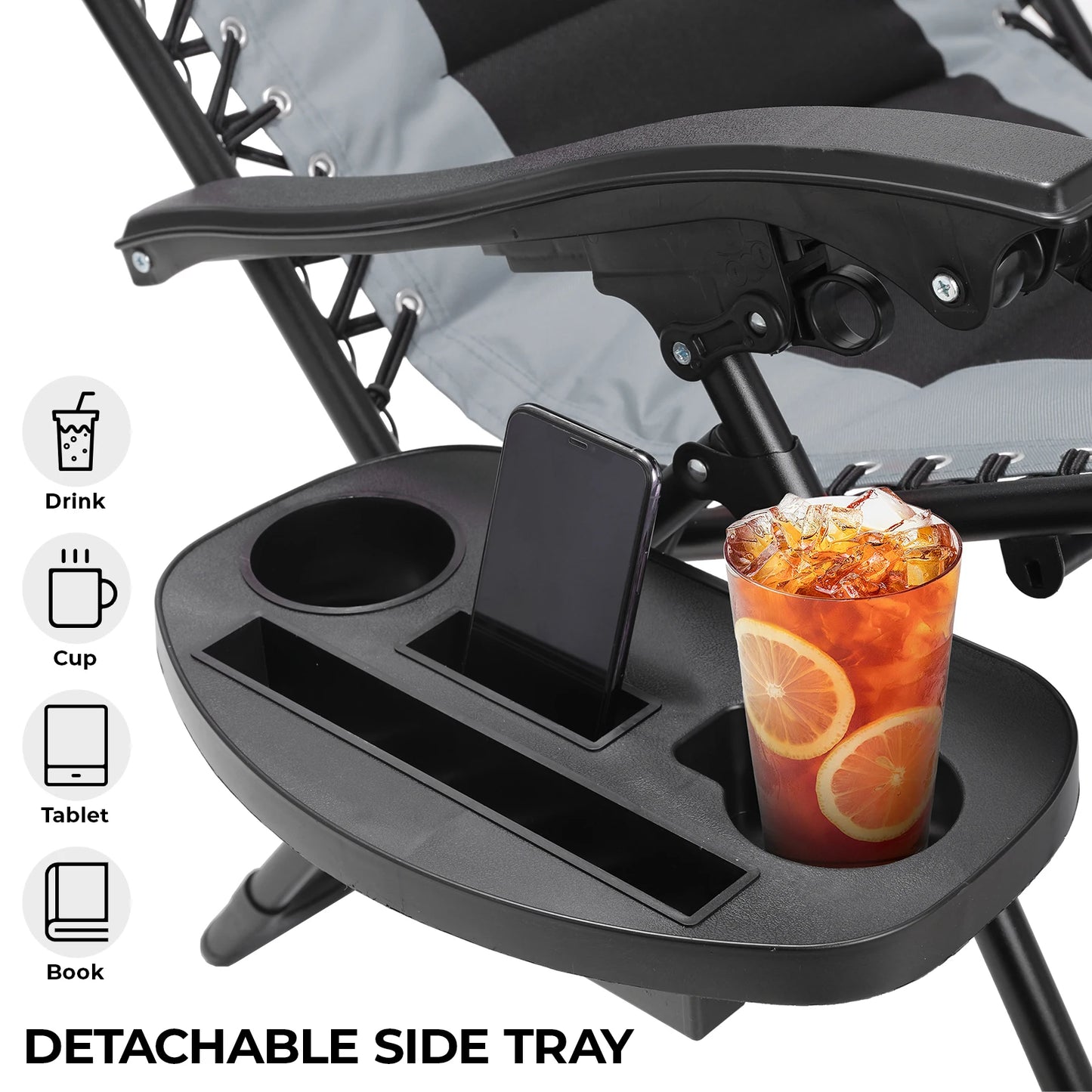 Padded Zero Gravity Lounge Chair Folding Patio Recliner with Adjustable Headrest & Cup Holder, Support 160kg Sun Loungers