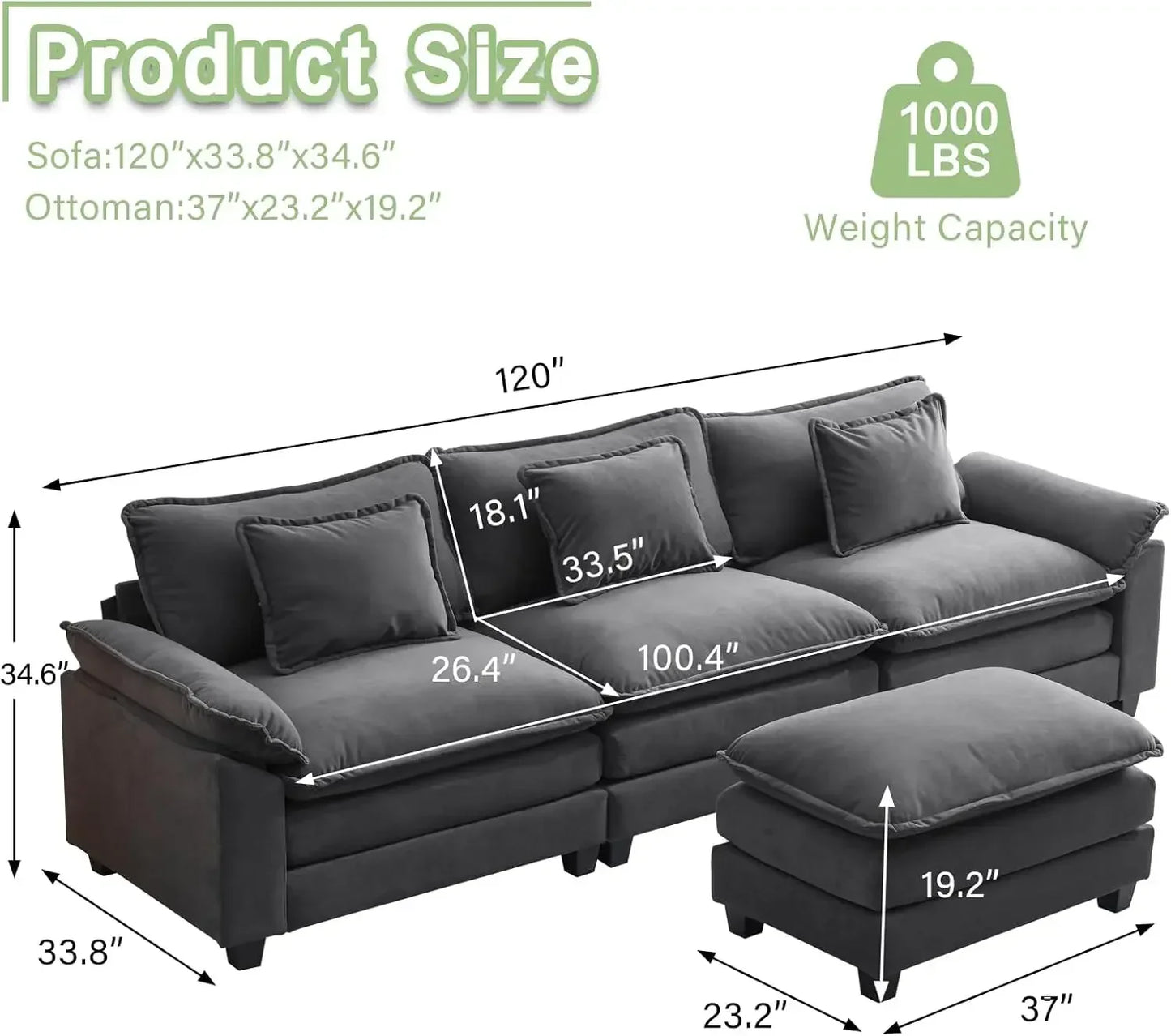 l L Shape Sofa Comfy Sectional Cloud Couch for Living Room with Pillows, Modern Velvet Sofa Sleeper Deep Couches with Ottoman