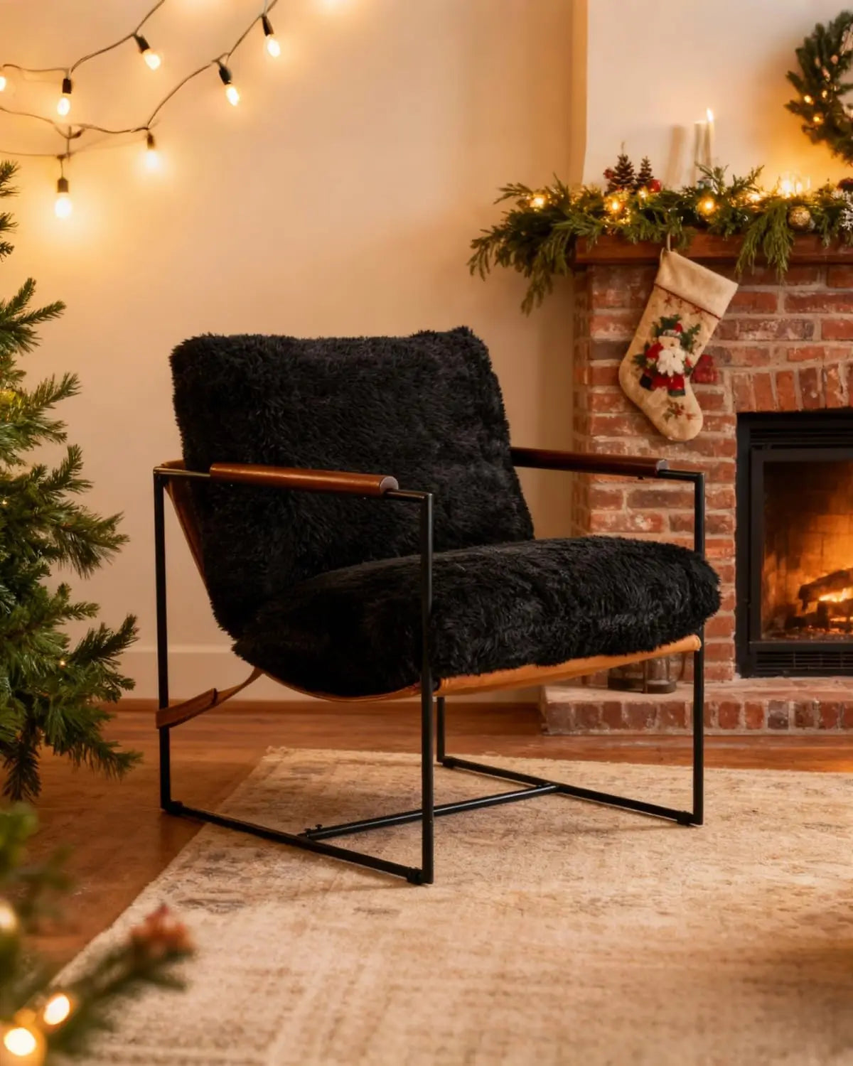 Modern Plush Fleece Accent Chair with Metal Frame & Wooden Armrests for Living Room, Bedroom, Balcony