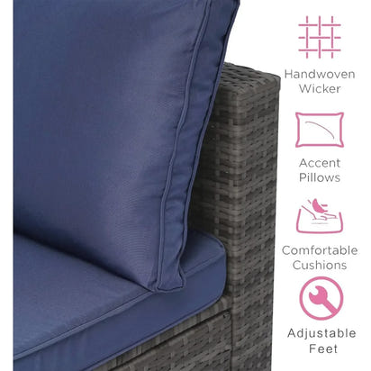 7-Piece Outdoor Rattan Sectional Sofa Set, Gray Wicker Patio Furniture Sets with Navy Blue Cushions for Balcony, Porch, Backyard