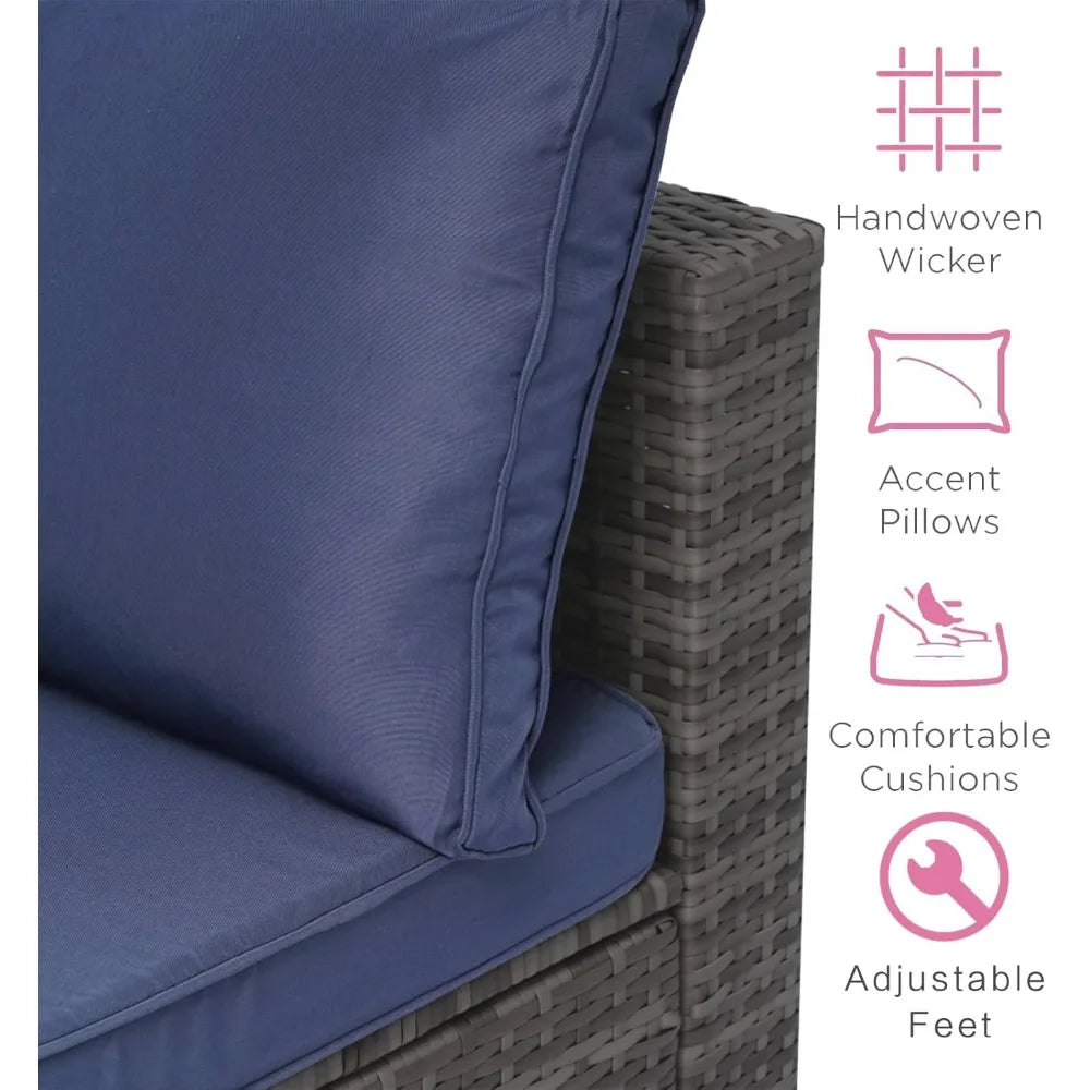 7-Piece Outdoor Rattan Sectional Sofa Set, Gray Wicker Patio Furniture Sets with Navy Blue Cushions for Balcony, Porch, Backyard